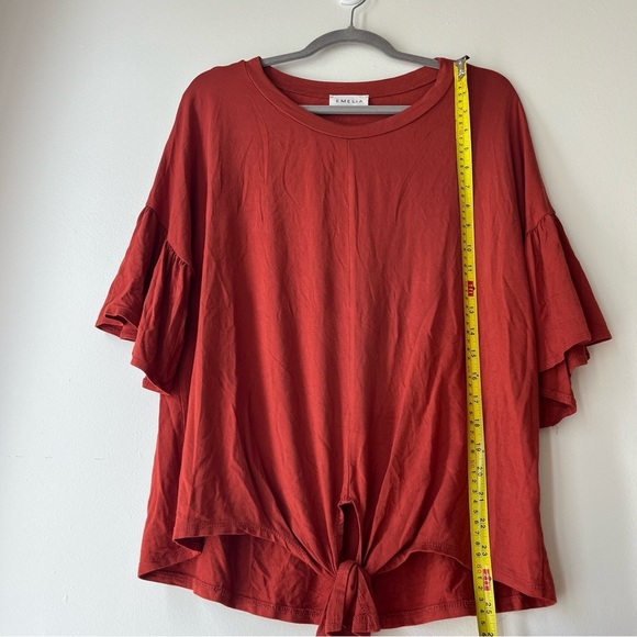 Emelia Oversized Tie Front Flutter Sleeve Top Rust Red Small Made in USA Modal - Picture 7 of 11